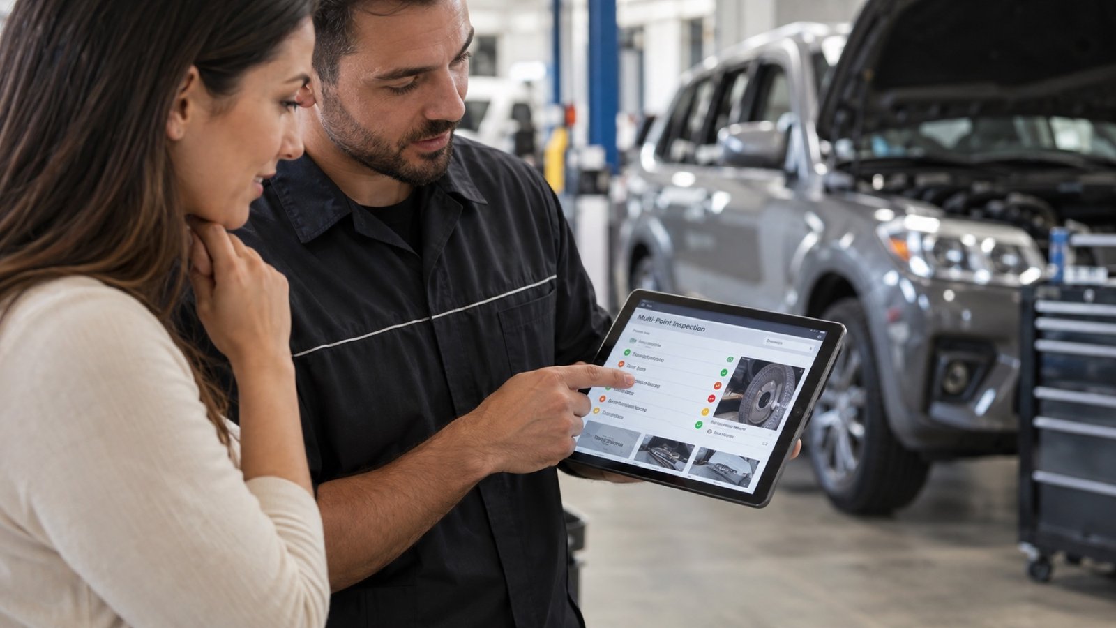 Technician walking a customer through a multi-point inspection report