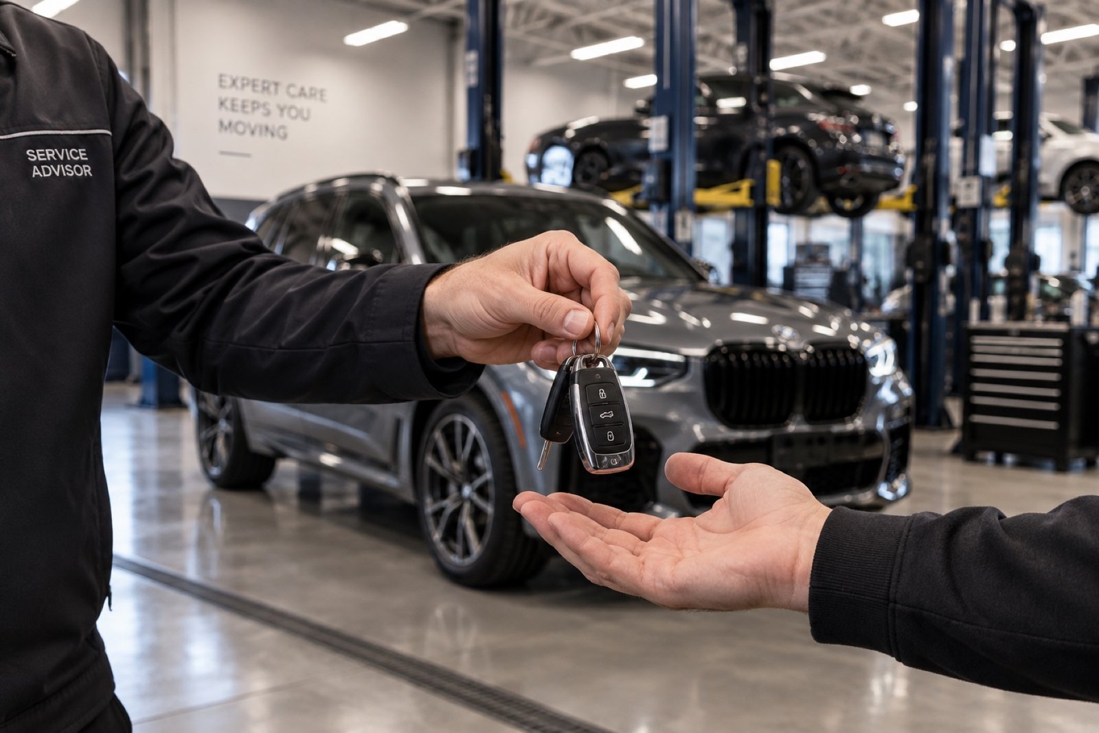 Service advisor handing keys back to a customer