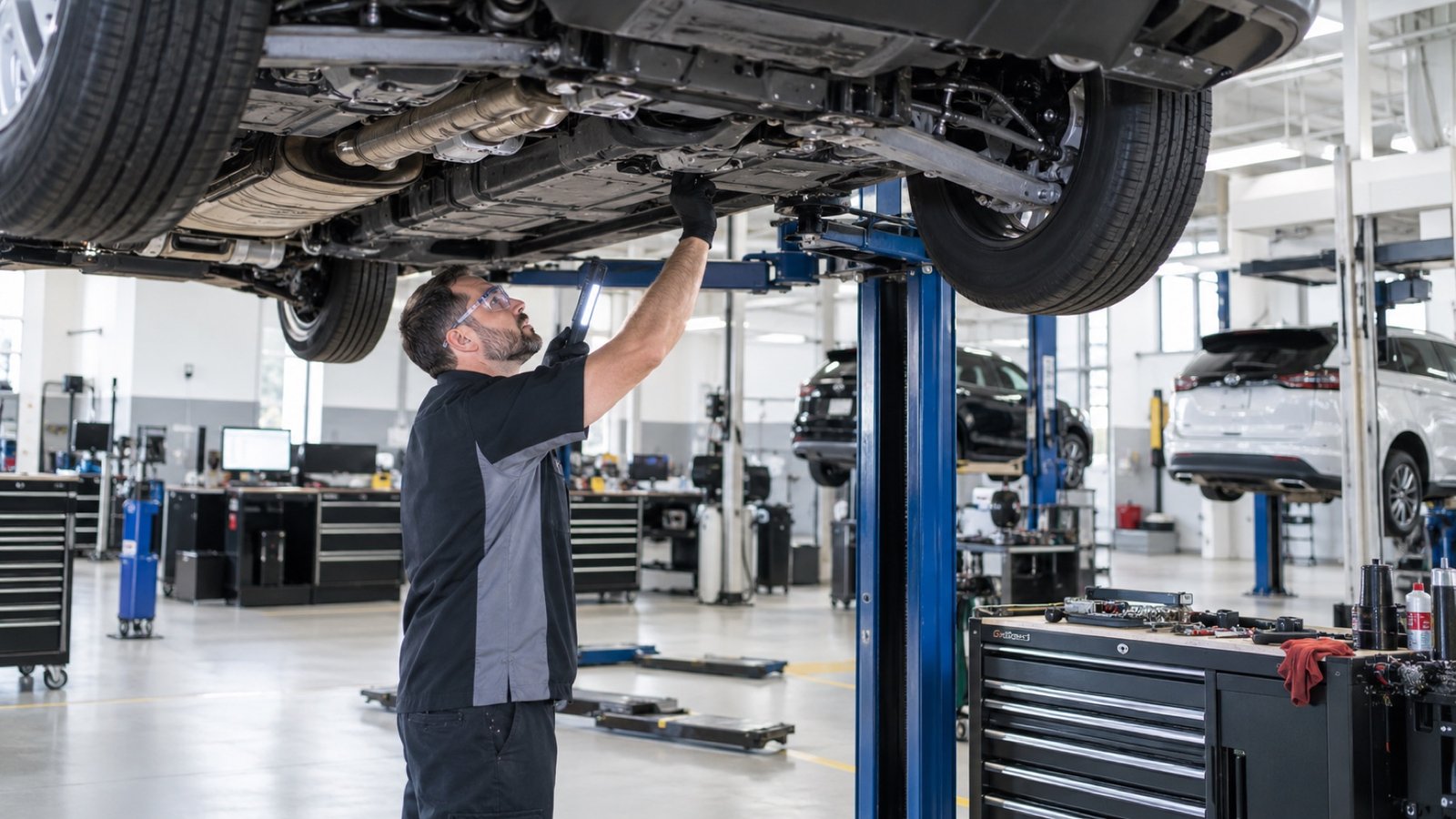 Technician inspecting a vehicle undercarriage on a lift